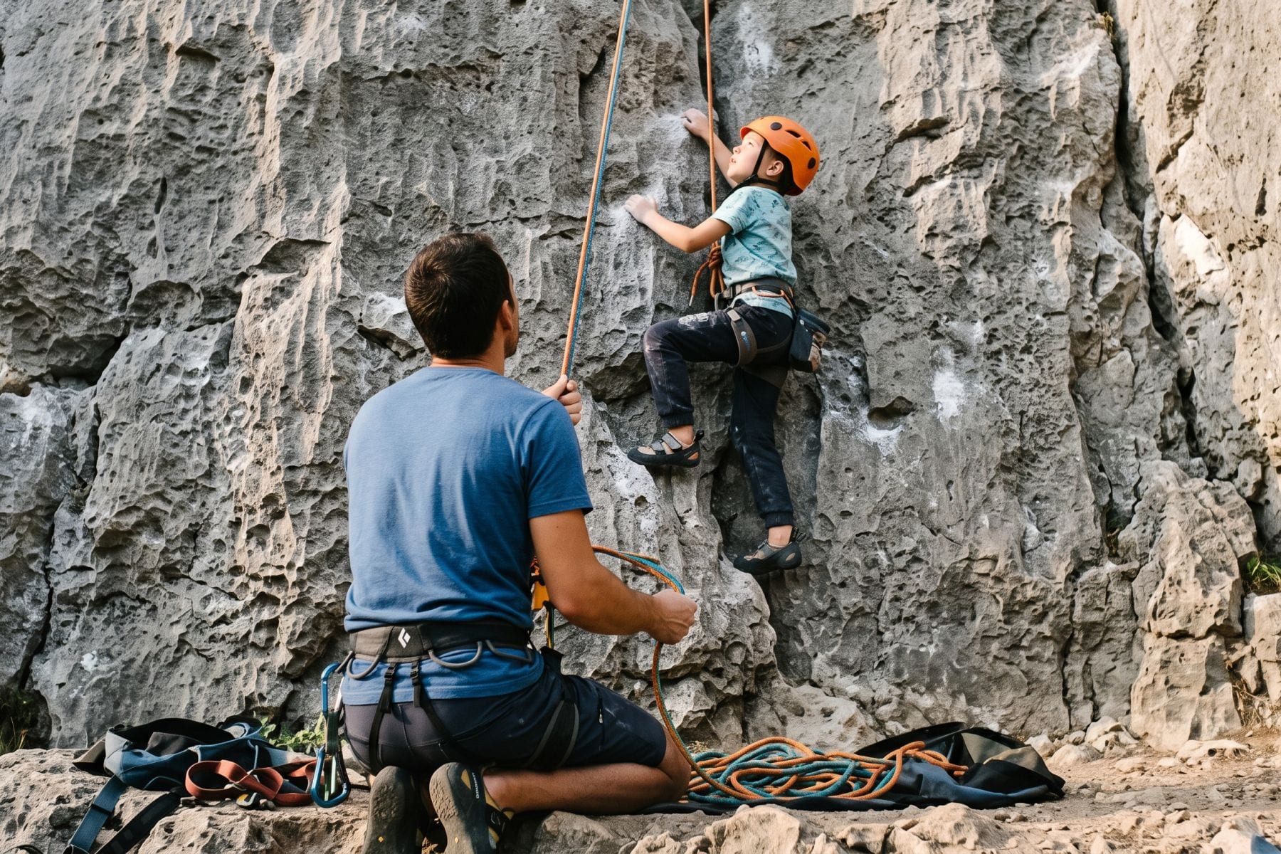 Rock climbing on a crag with children and an instructor