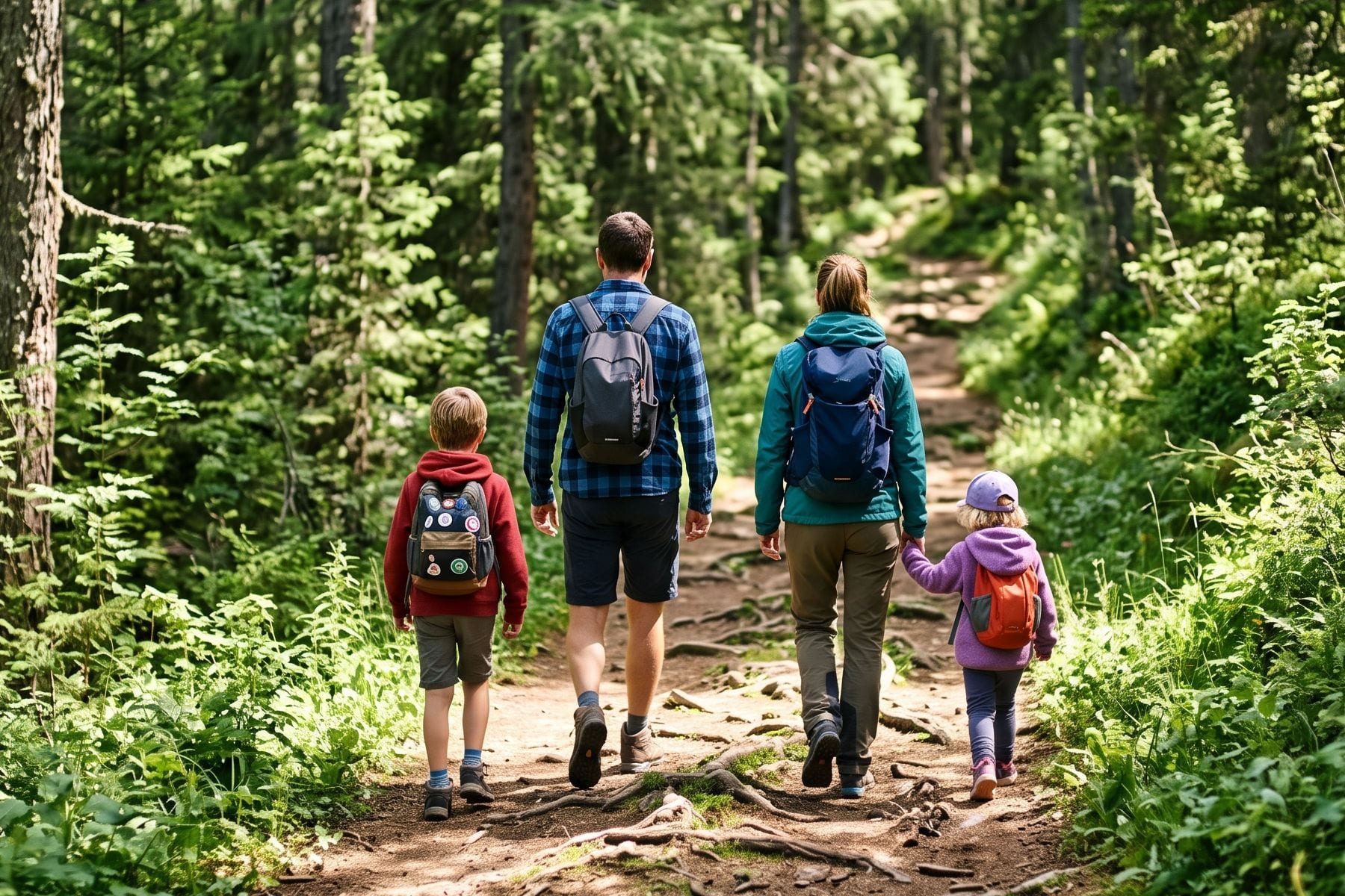 Family walking on a forest trail in summer